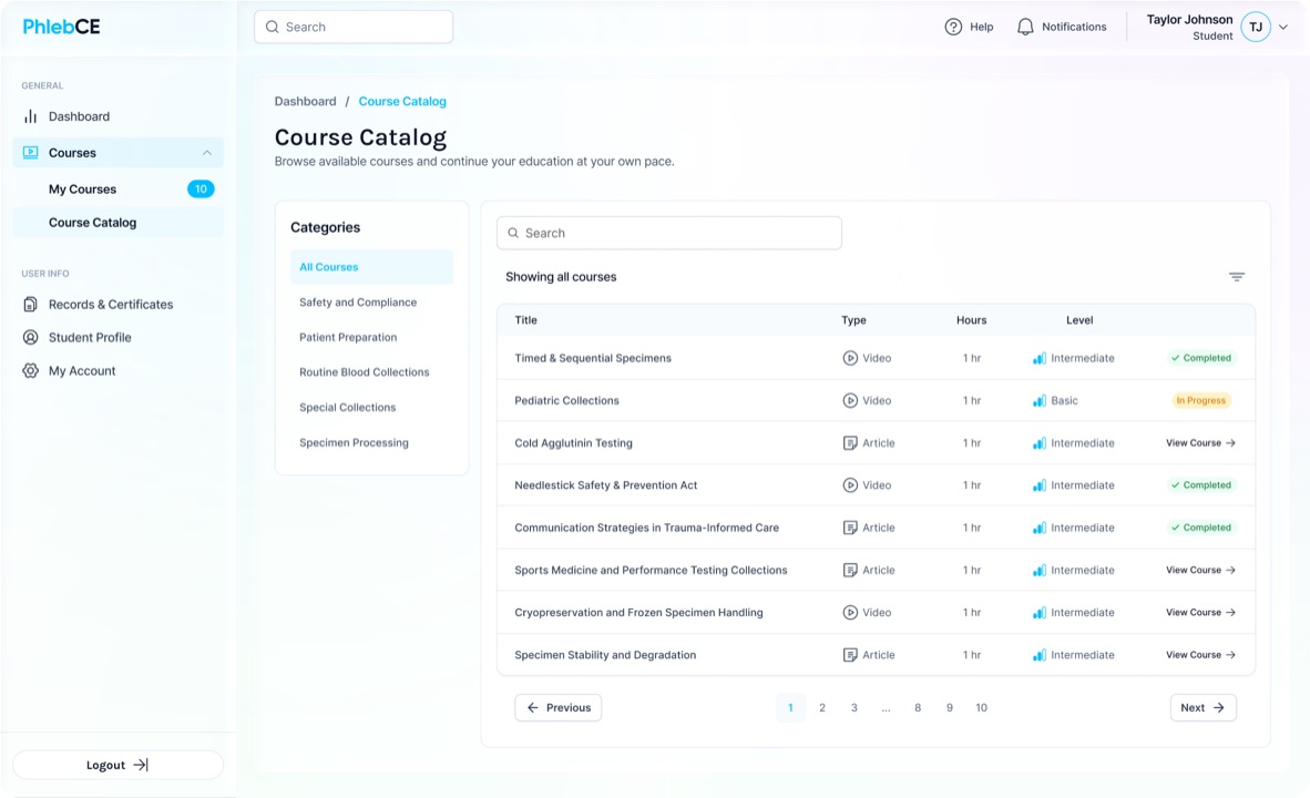 The PhlebCE course catalog listing available courses by type, hours and level